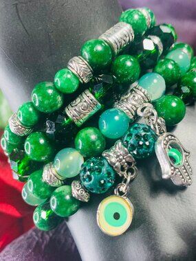 One-Of-A-Kind Evil Eye Charm, Green Jasper, Striped Agate & Pewter Bracelet Set